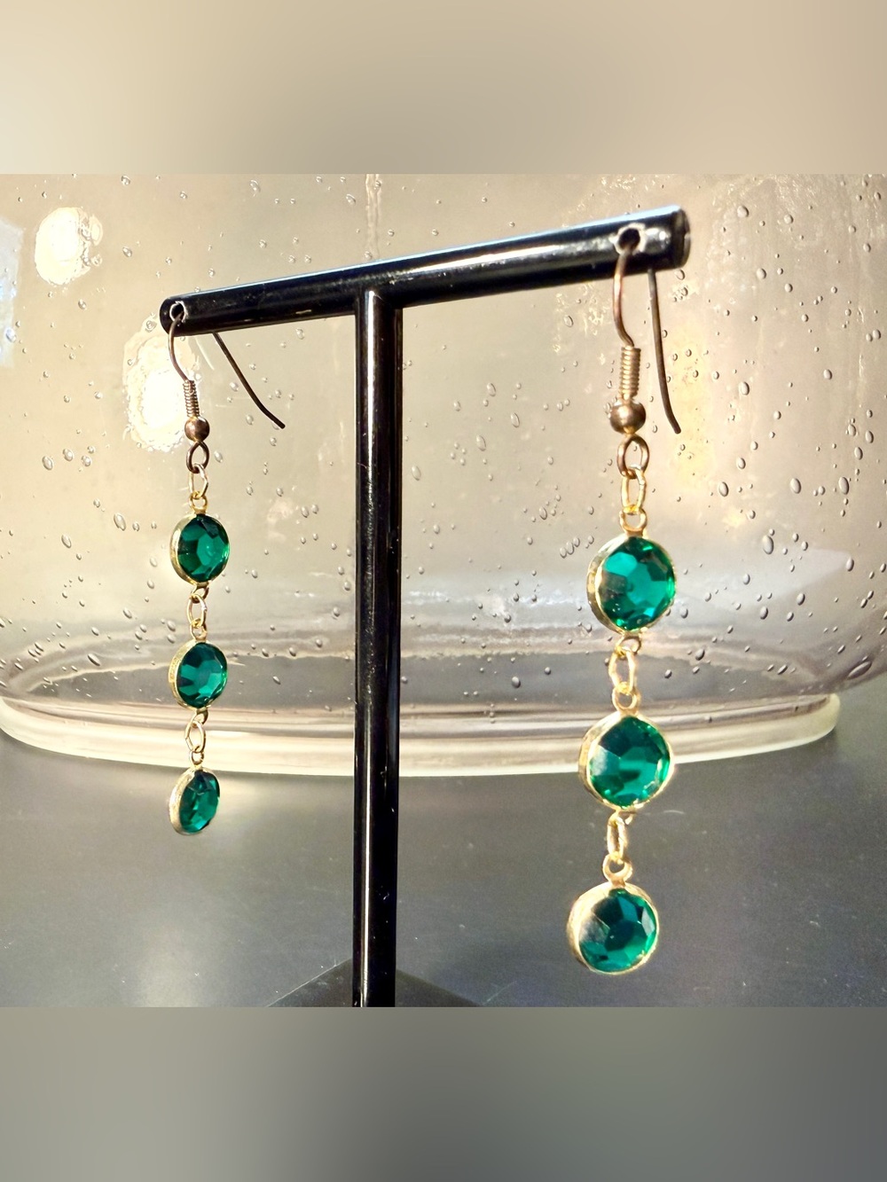 Vintage Art Deco Inspired Gold Tone Triple Drop Green Dangle Earrings